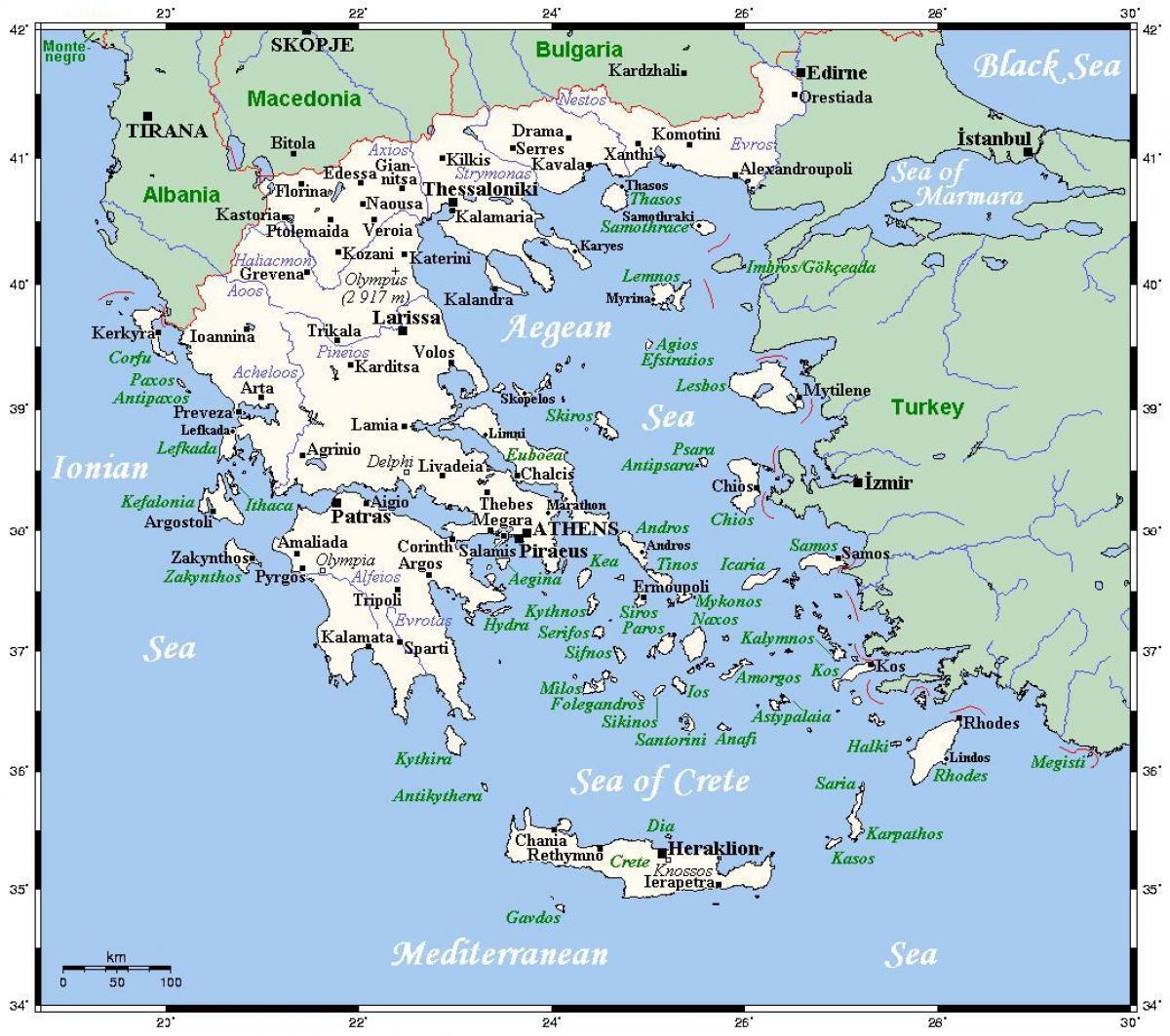 خريطة الأنهار في اليونان